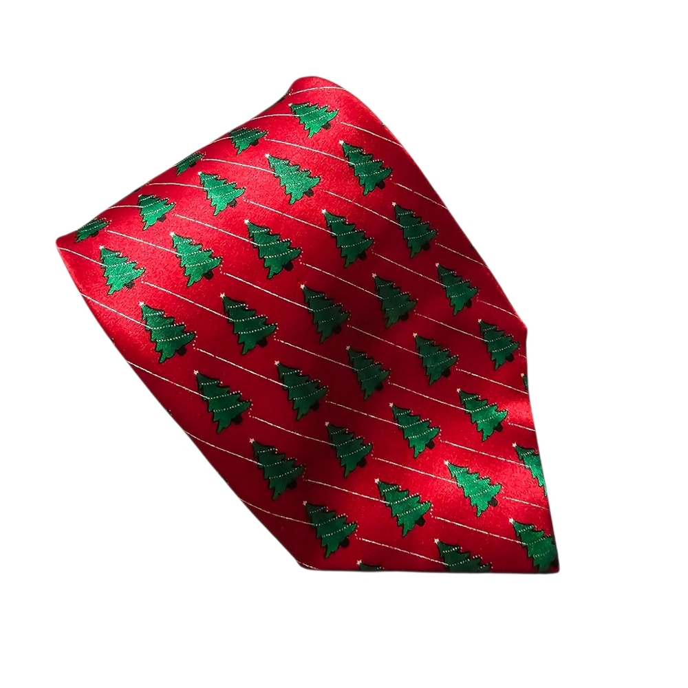 Red Christmas Tie with Green Trees | 100% Silk | 58”